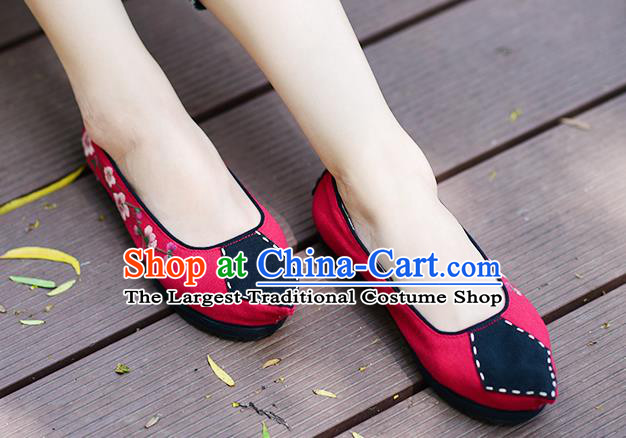 China Handmade Red Cloth Shoes Folk Dance Shoes National Woman Canvas Shoes Traditional Embroidered Peach Blossom Shoes