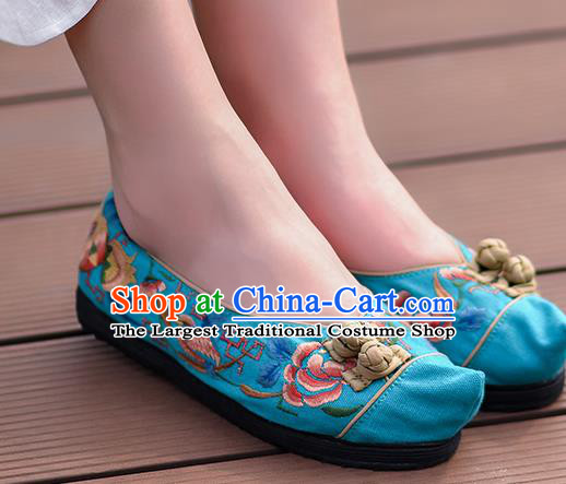 China Handmade Blue Canvas Shoes Folk Dance Shoes National Woman Cloth Shoes Traditional Embroidered Shoes