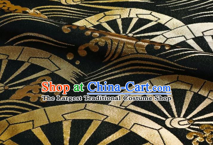 Japanese Classical Wheel Pattern Damask Traditional Kimono Cloth Fabric Black Brocade Nishijin Tapestry Satin