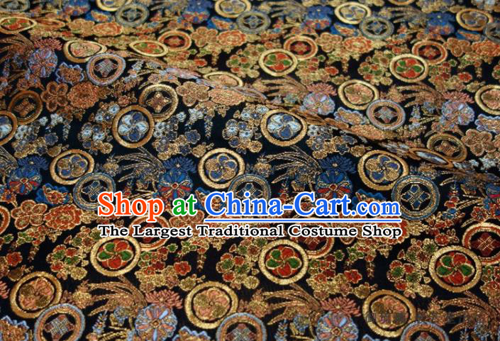 Japanese Nishijin Tapestry Classical Flowers Pattern Damask Traditional Kimono Satin Cloth Black Brocade Fabric