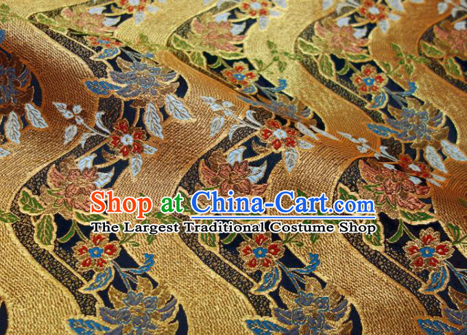 Japanese Classical Flow Flowers Pattern Damask Traditional Kimono Satin Cloth Black Brocade Fabric Nishijin Tapestry