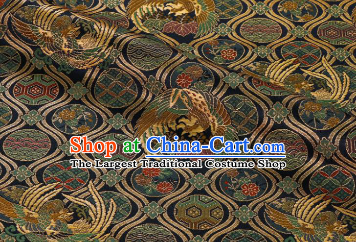 Japanese Traditional Damask Drapery Classical Nishijin Tapestry Fabric Royal Phoenix Pattern Navy Brocade Kimono Satin Cloth