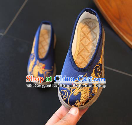 Chinese Traditional Children Hanfu Shoes Boys Embroidered Dragon Shoes Ming Dynasty Blue Cloth Shoes