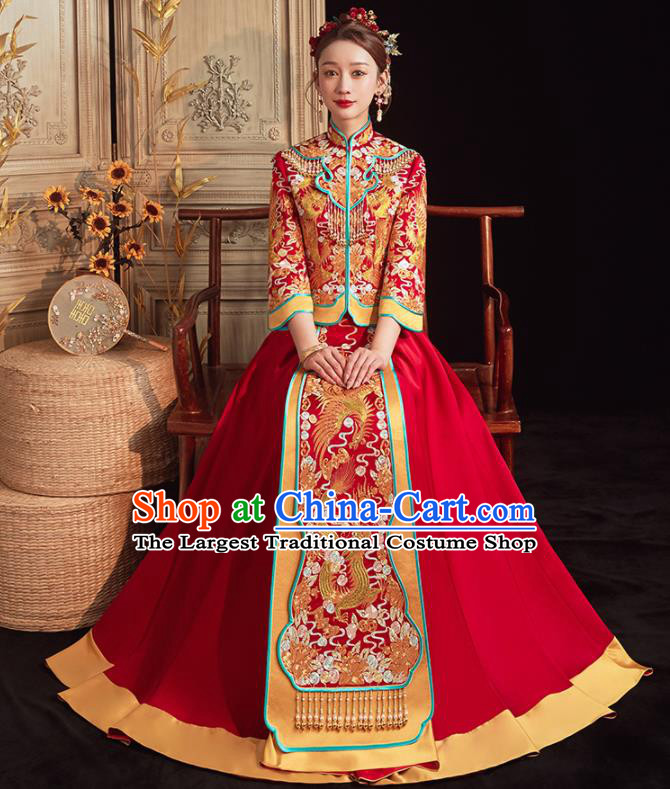 China Traditional Wedding Garment Costumes Classical Xiuhe Suits Embroidered Bride Red Dress Toast Clothing