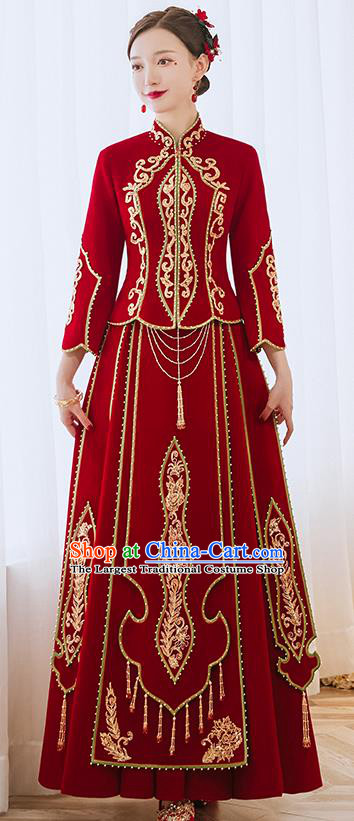 China Bride Toast Clothing Traditional Wedding Garment Costumes Classical Red Xiuhe Suits Embroidered Diamante Dress