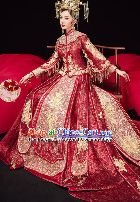 China Bride Embroidered Trailing Dress Traditional Toast Clothing Classical Wedding Garment Costumes Red Xiuhe Suits