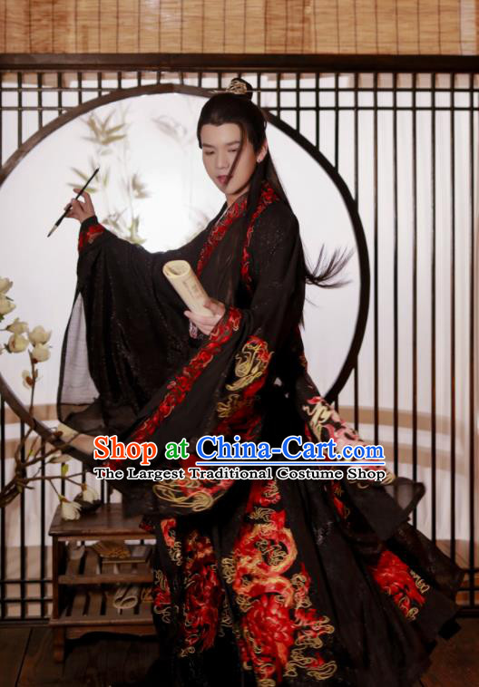 China Traditional Jin Dynasty Noble Prince Historical Clothing Ancient Scholar Embroidered Black Hanfu Garment Costumes for Men