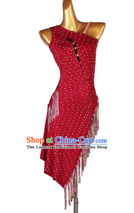 Professional Ballroom Dancing Fashion Rumba Dance Competition Costume Women Cha Cha Clothing Latin Dance Wine Red Tassel Dress