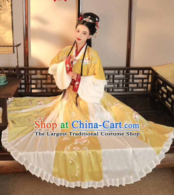 China Ancient Young Beauty Embroidered Yellow Hanfu Dress Garments Traditional Costumes Jin Dynasty Court Princess Historical Clothing