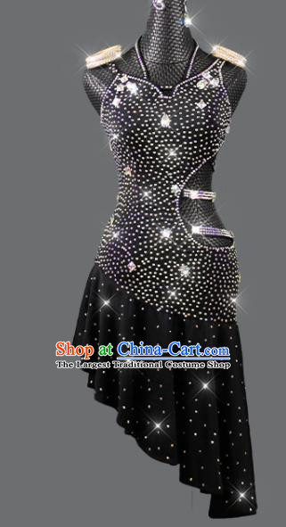 Professional Modern Dance Costume Women Dancing Competition Clothing Cha Cha Sexy Fashion Latin Dance Black Diamante Dress