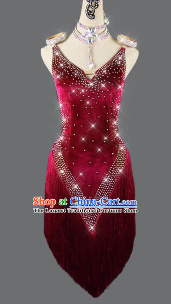 Professional Rumba Dance Costume Women Cha Cha Sexy Fashion Dancing Competition Clothing Latin Dance Wine Red Velvet Dress