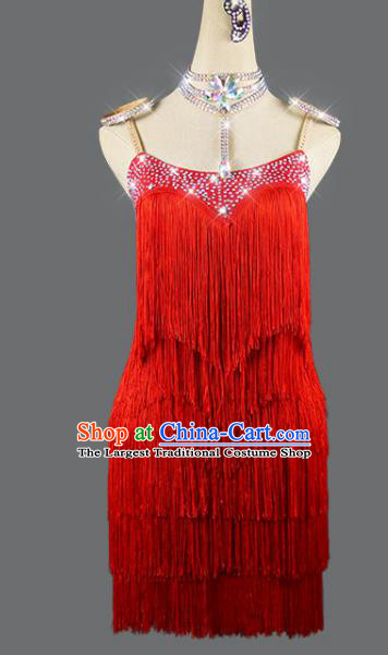 Professional Rumba Dance Costume Women Dancing Competition Fashion Latin Dance Clothing Cha Cha Sexy Red Tassel Dress