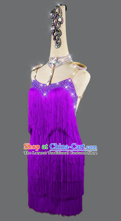 Professional Women Dancing Competition Fashion Latin Dance Clothing Cha Cha Sexy Purple Tassel Dress Rumba Dance Costume