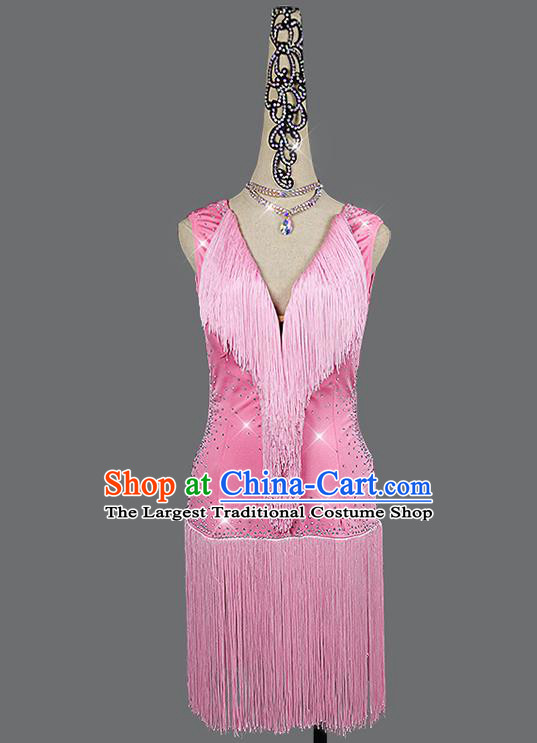 Professional Rumba Dance Sexy Fashion Latin Dance Pink Tassel Dress Women Cha Cha Costume Dancing Competition Clothing