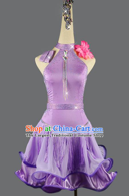 Professional Women Rumba Dance Competition Costume Cha Cha Dancing Fashion Clothing Latin Dance Purple Dress