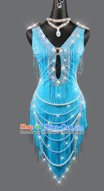 Professional Women Dancing Competition Fashion Latin Dance Clothing Rumba Dance Sexy Blue Dress Cha Cha Costume