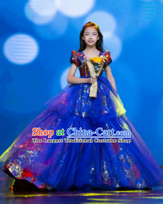 High Kid Birthday Full Dress Children Catwalks Blue Trailing Dress Girl Stage Show Clothing Compere Garment Costume