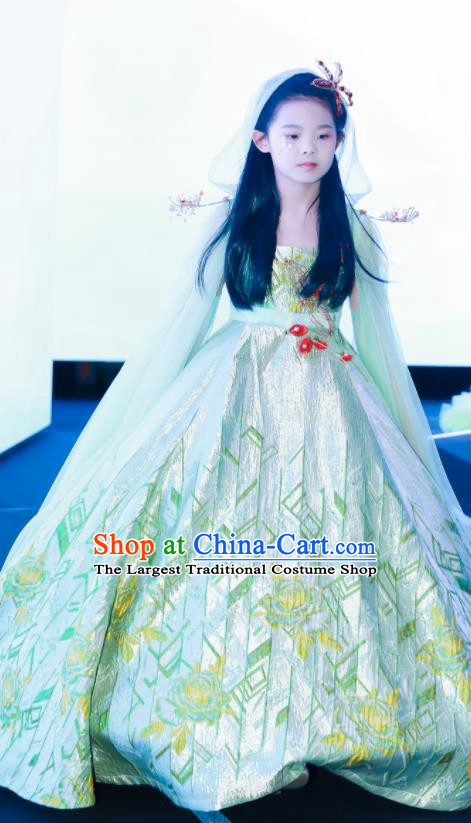 High Children Catwalks Light Green Dress Girl Stage Show Clothing Compere Garment Costume Kid Birthday Full Dress