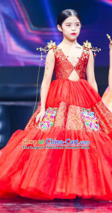 High Girl Stage Show Clothing China Compere Garment Costume Kid Birthday Trailing Full Dress Children Catwalks Red Veil Dress