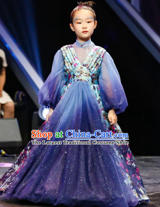 High Kid Piano Performance Full Dress Children Catwalks Trailing Dress Girl Stage Show Clothing Compere Garment Costume