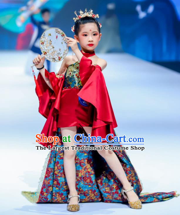 High Compere Garment Costume Kid Performance Full Dress Children Catwalks Uniforms Girl Stage Show Trailing Clothing