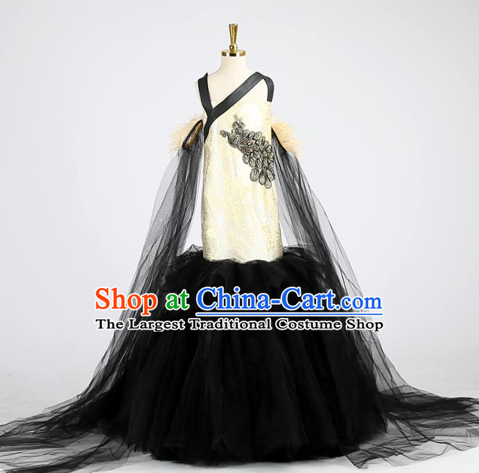 High Stage Show Fishtail Full Dress Girl Catwalks Clothing Children Performance Black Veil Dress Baby Compere Garment Costume