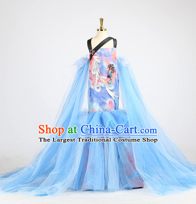 High Baby Compere Garment Costume Stage Show Full Dress Girl Catwalks Clothing Children Performance Blue Veil Fishtail Dress