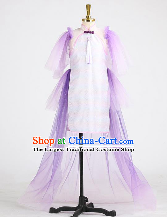 High Girl Chorus Clothing Children Performance Purple Dress Catwalks Garment Costume Stage Show Full Dress