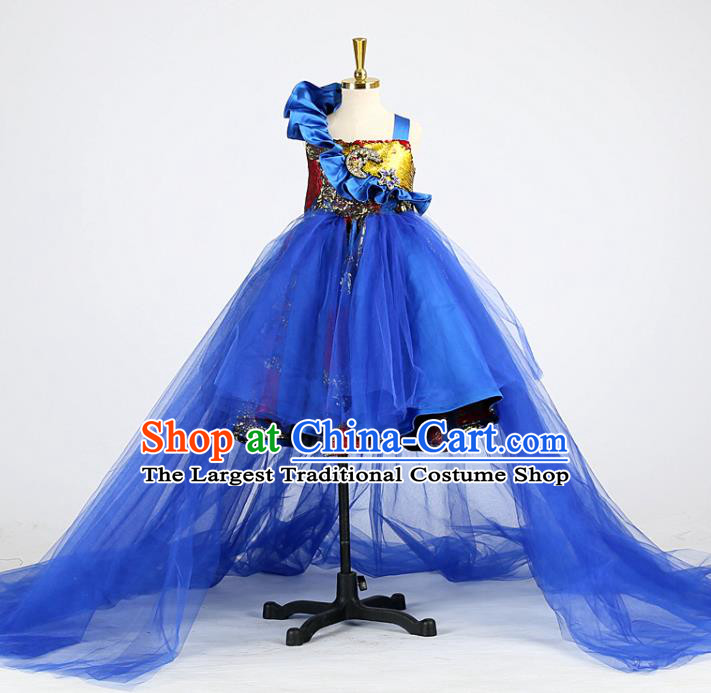 High Stage Show Royalblue Veil Full Dress Girl Model Performance Clothing Children Compere Garments Catwalks Formal Costume