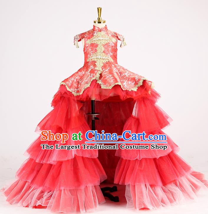 High China Catwalks Formal Costume Stage Show Red Trailing Full Dress Girl Model Performance Clothing Children Compere Garments