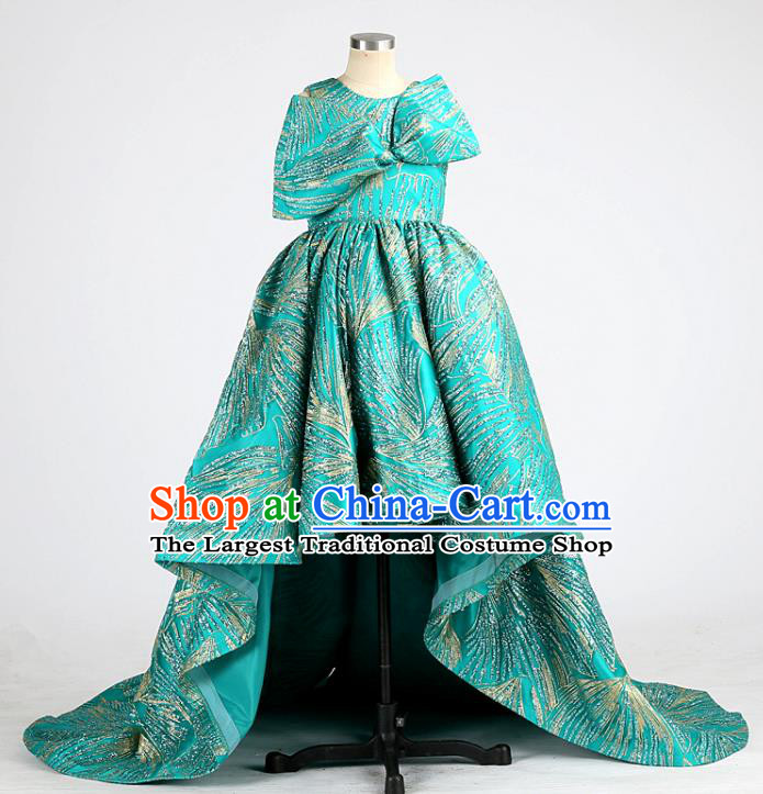 High Girl Catwalks Clothing Chorus Garment Costume Stage Show Full Dress Children Compere Green Trailing Dress