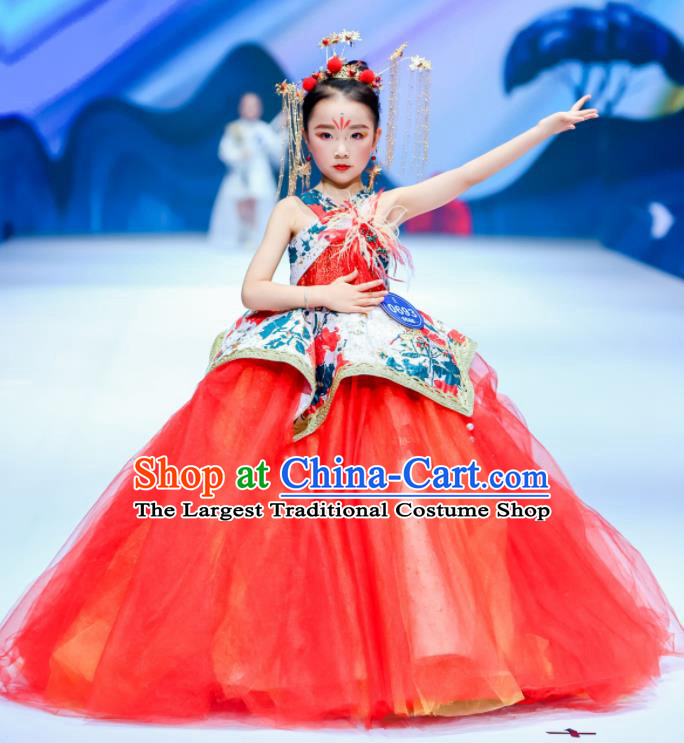 High Stage Show Princess Full Dress Kid Catwalks Clothing Children Performance Veil Dress Girl Compere Costume