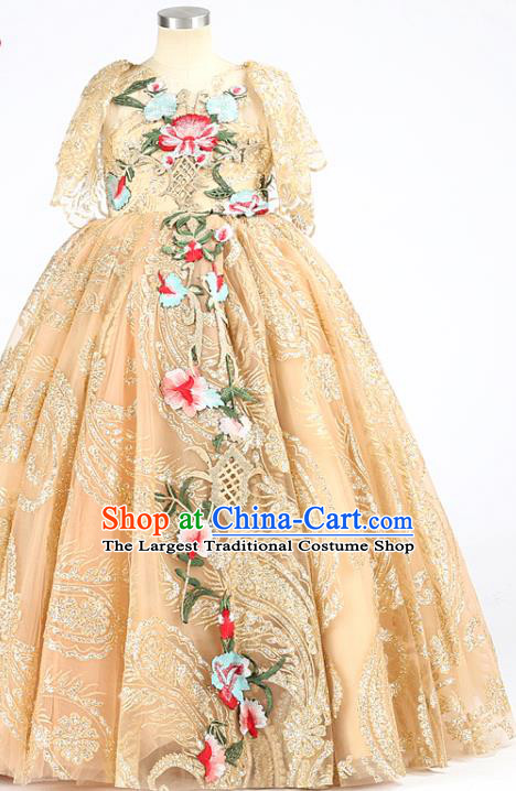 High Children Performance Embroidered Golden Dress Girl Compere Costume Stage Show Princess Full Dress Kid Catwalks Clothing