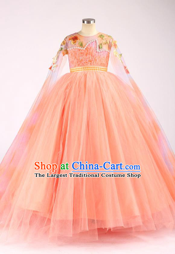 High Girl Compere Clothing Stage Show Princess Full Dress Kid Catwalks Fashion Children Performance Orange Veil Dress