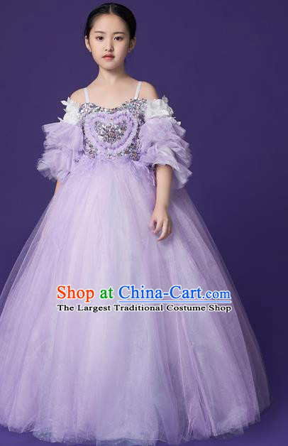 High Piano Performance Clothing Stage Show Full Dress Girl Catwalks Fashion Children Compere Purple Veil Dress