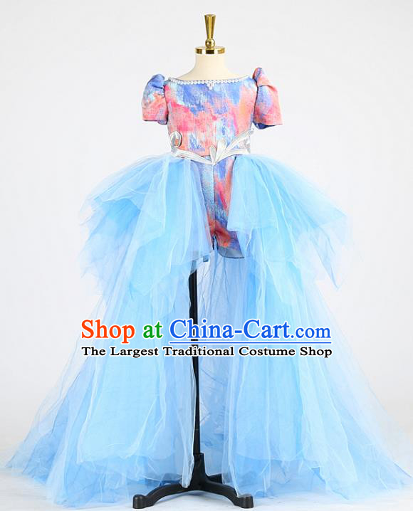 High Compere Formal Costume Stage Show Blue Full Dress Girl Catwalks Clothing Children Compere Garments