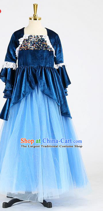 High Children Compere Garments Compere Formal Costume Stage Show Blue Velvet Full Dress Girl Catwalks Clothing