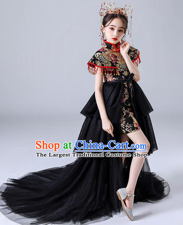 China Girl Catwalks Clothing Stage Performance Garment Costume Children Embroidered Qipao Dress Black Veil Trailing Dress