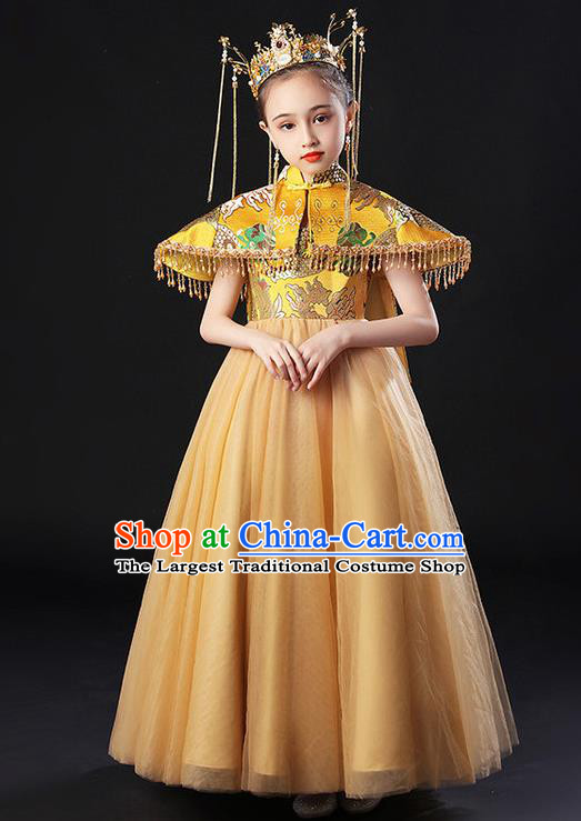 China Compere Yellow Trailing Dress Girl Catwalks Clothing Stage Performance Garment Costume Children Classical Dance Dress