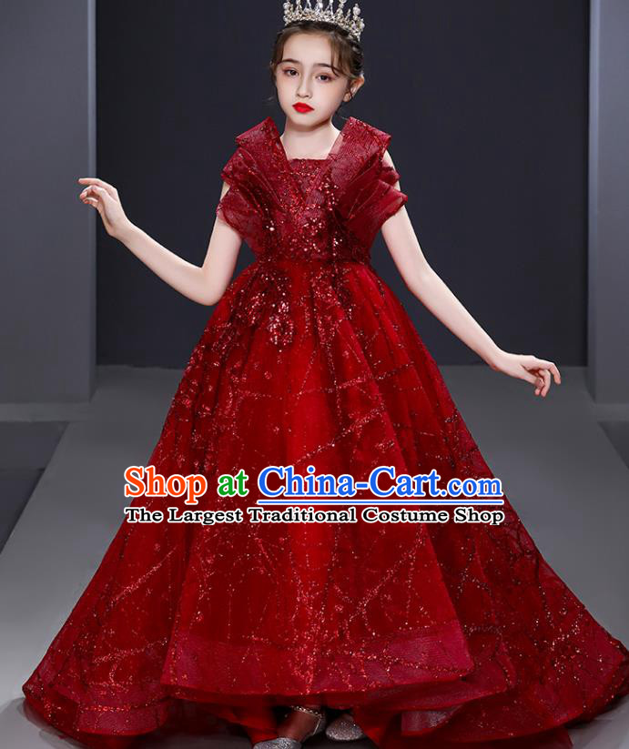 Custom Children Birthday Garment Compere Fashion Clothing Girl Stage Show Red Trailing Dress Catwalks Full Dress