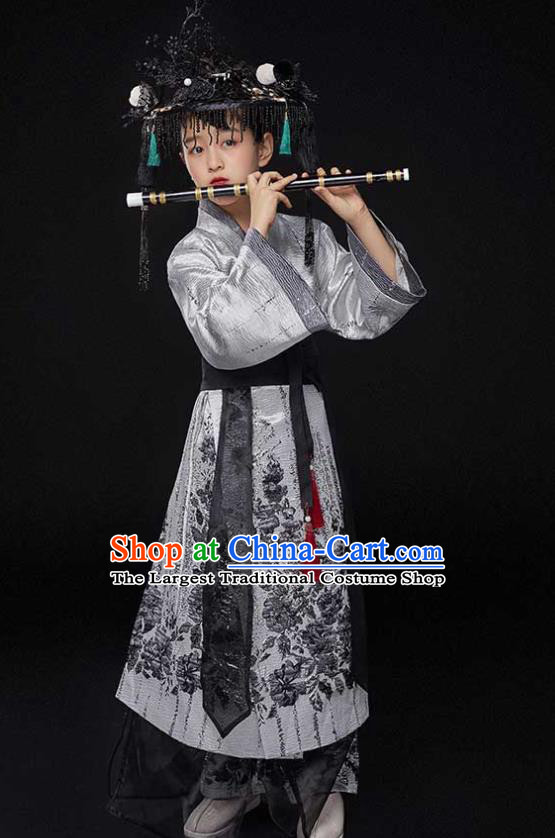 Top Chinese Boys Stage Show Tang Suits Kid Catwalks Grey Robe Uniforms Children Scholar Performance Apparels