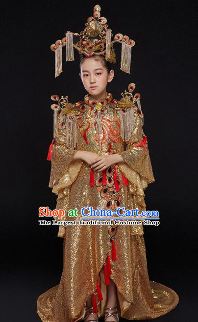 China Girl Catwalks Fashion Children Performance Clothing Classical Dance Golden Trailing Dress Uniforms Compere Garment Costumes