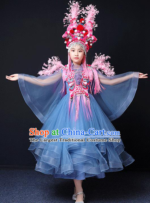 Custom Children Birthday Performance Garment Compere Fashion Clothing Girl Stage Show Blue Dress Catwalks Princess Full Dress