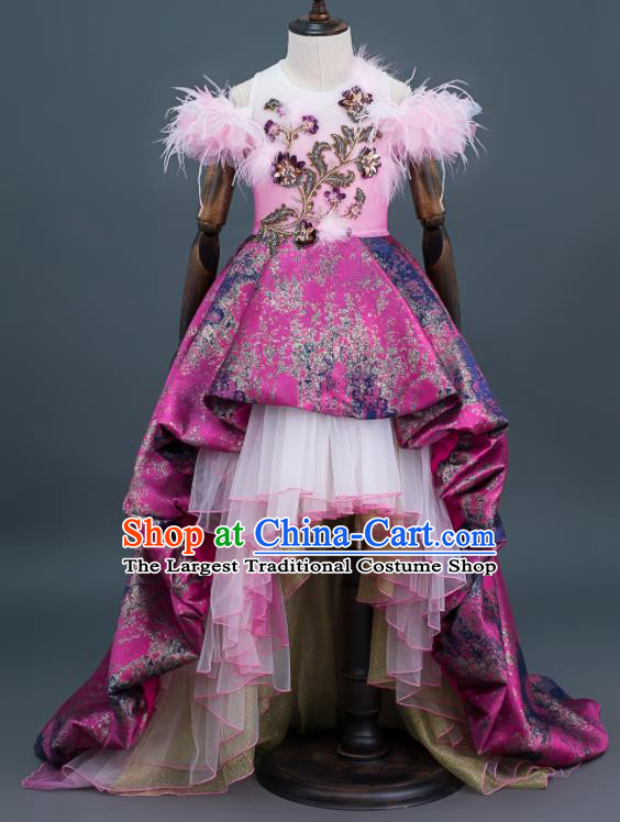 Custom Kid Birthday Clothing Flowers Fairy Purple Trailing Dress Girl Stage Catwalks Fashion Children Dance Full Dress