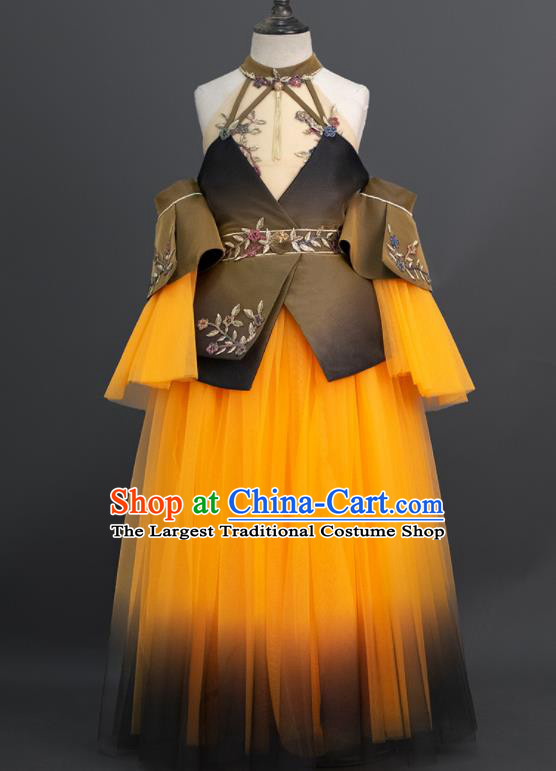 Custom Princess Yellow Veil Full Dress Kid Compere Formal Clothing Children Piano Recital Dress Girl Birthday Fashion