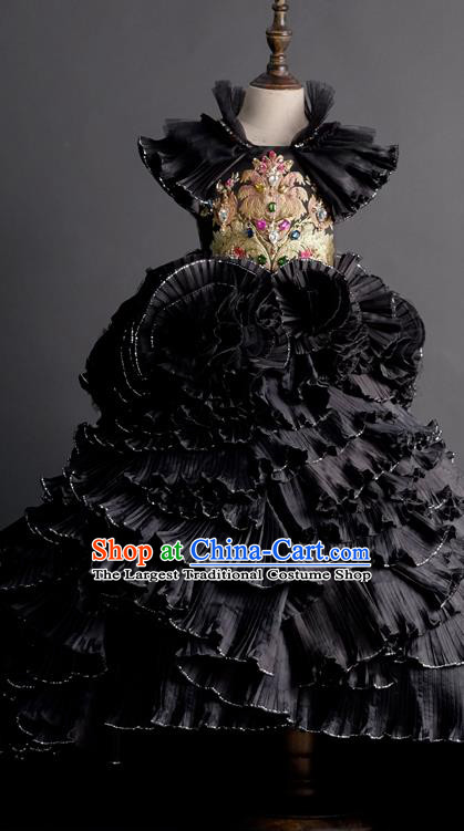 Custom Children Piano Recital Garment Girl Black Trailing Full Dress Baroque Princess Formal Clothing Kid Compere Dress