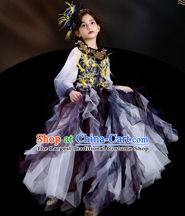 Custom Girl Princess Full Dress Modern Dance Clothing Kid Stage Performance Purple Veil Dress Children Catwalks Garment