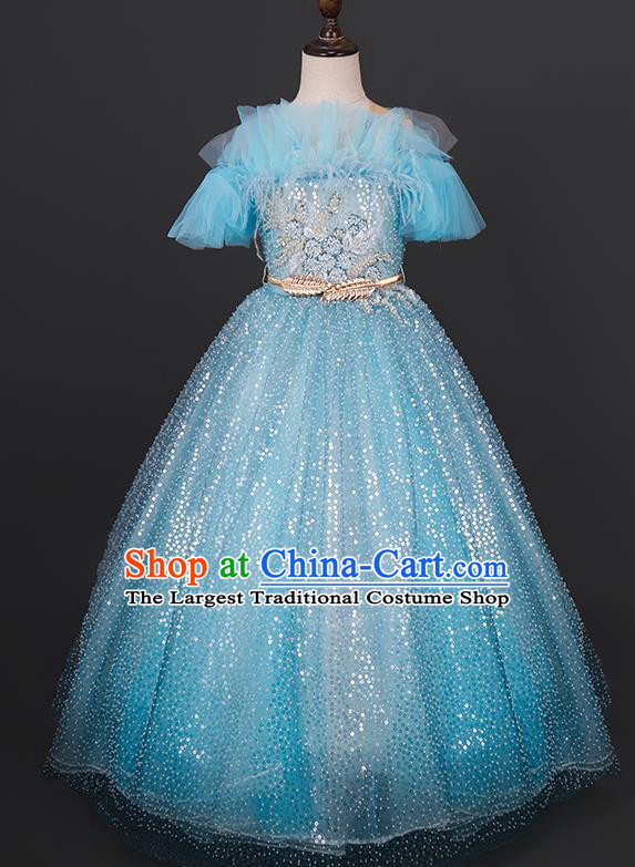 Custom Girl Princess Blue Full Dress Modern Dance Clothing Kid Christmas Performance Dress Children Compere Garment