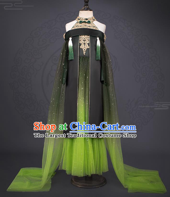 Professional Children Catwalks Fashion Costume Stage Show Green Dress Modern Dance Clothing Girl Princess Garment