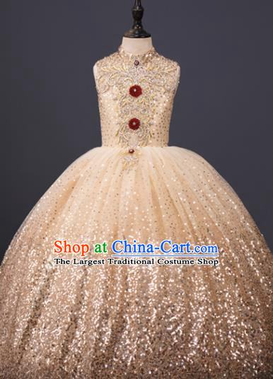 Professional Children Catwalks Fashion Costume Stage Show Golden Full Dress Modern Dance Clothing Girl Princess Garment